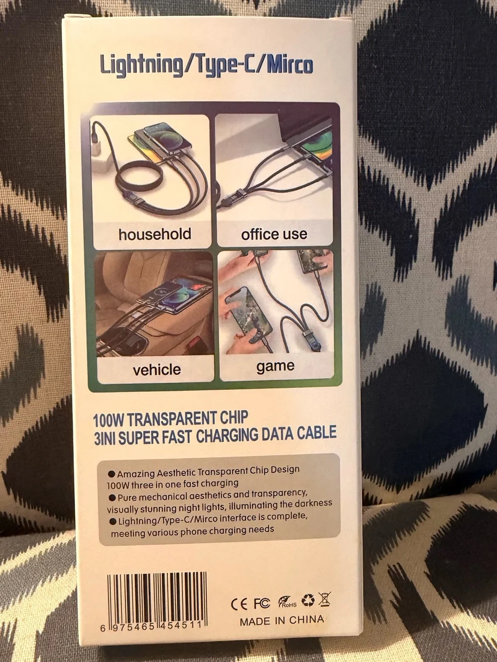 New, never used, 3-in-1 Super Fast Charging Multi-Connector Cable - Black